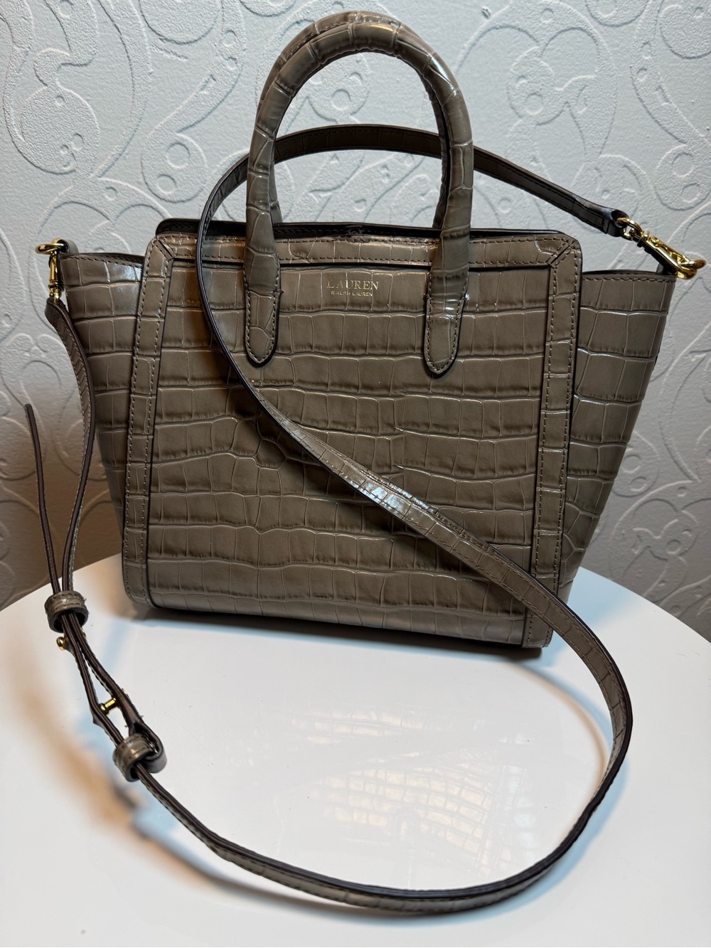 Lauren Ralph Lauren Taupe Croc-Embossed Tote with Gold Hardware